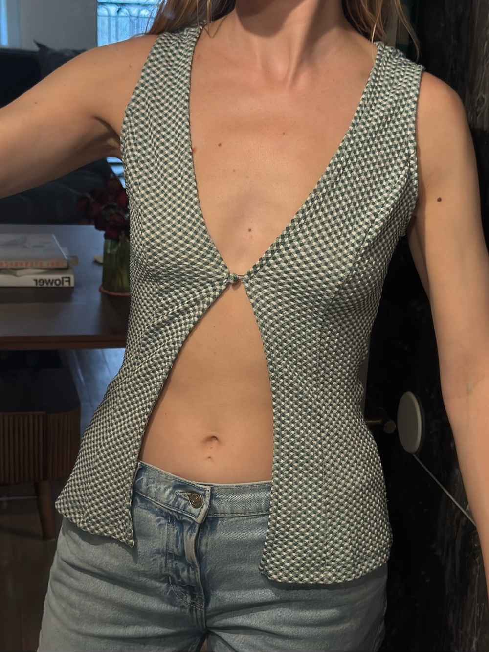 Sleeveless Deep V Pointelle Knit Top in Green and White Gingham - Size XS
